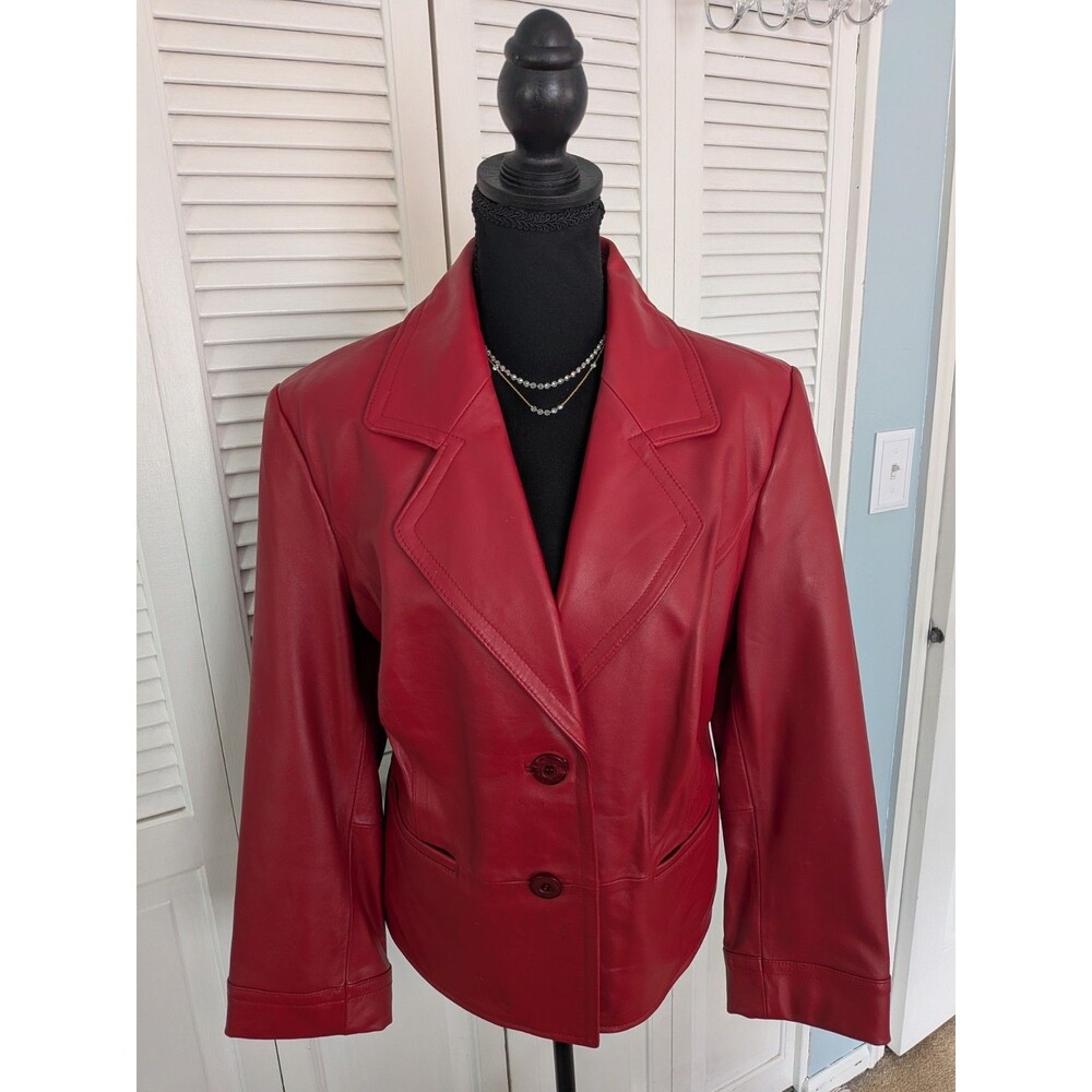 I.E. 100% Leather Jacket Womens 1X Deep Red One Button Crop Classic Blazer Biker